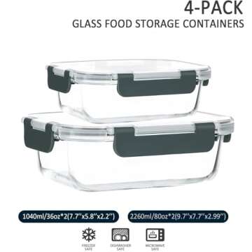 M MCIRCO [80 oz & 36 oz Extra Large Glass Food Storage/Baking Containers Set with Lids, 2 Pack 80 oz(10 cup)&2 Pack 36 oz (4.5 cup) Airtight Glass Container,Microwave,Oven,Freezer and Dishwasher
