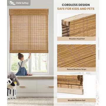 LazBlinds No Tools No Drill Cordless Bamboo Roman Shades, Light Filtering Window Treatment, Roll Up Bamboo Blinds for Window 27'' W x 64'' H, Tuscan B