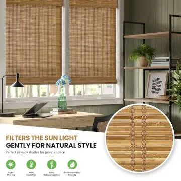 LazBlinds No Tools No Drill Cordless Bamboo Roman Shades, Light Filtering Window Treatment, Roll Up Bamboo Blinds for Window 27'' W x 64'' H, Tuscan B