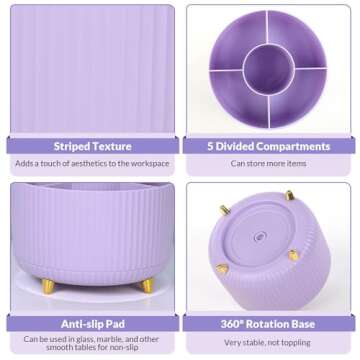 SKYDUE 360 Degree Rotating Desk Organizer, Dual-Purpose Pencil Pen Holder for Desk, Rotating Desk Pen Organizer with 5 Slots, Art Supplies, Pencil Cup for Office, School, Home (Purple)