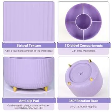 SKYDUE 360 Degree Rotating Desk Organizer, Dual-Purpose Pencil Pen Holder for Desk, Rotating Desk Pen Organizer with 5 Slots, Art Supplies, Pencil Cup for Office, School, Home (Purple)