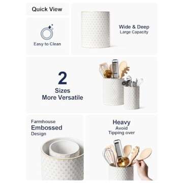 LE TAUCI Utensil Holder, 7.1"+5.4" Ceramic Kitchen Utensil Holder for Counter top, Embossed Cooking ...