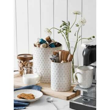 LE TAUCI Utensil Holder, 7.1"+5.4" Ceramic Kitchen Utensil Holder for Counter top, Embossed Cooking Utensil Organizer for Spatula & Spoon, Kitchen Decor, Set of 2, Arctic White, Clover