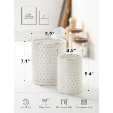 LE TAUCI Utensil Holder, 7.1"+5.4" Ceramic Kitchen Utensil Holder for Counter top, Embossed Cooking Utensil Organizer for Spatula & Spoon, Kitchen Decor, Set of 2, Arctic White, Clover