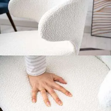 RIVOVA Upholstered Accent Arm Chairs Set of 4, Faux Sherpa Mid Century Modern Dining Chairs for Kitchen Dining Room Side Chairs with Wood Legs, White