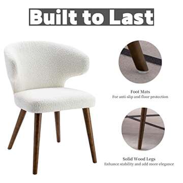 RIVOVA Upholstered Accent Arm Chairs Set of 4, Faux Sherpa Mid Century Modern Dining Chairs for Kitchen Dining Room Side Chairs with Wood Legs, White