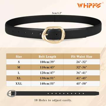 WHIPPY Leather Belt for Women Casual Waist Belt with Gold Buckle Fashion Ladies Belt for Jeans Pants Dress,Black,XXL