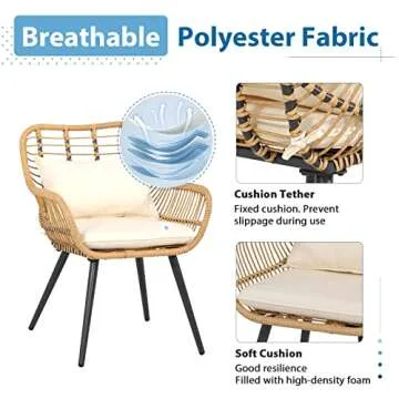 JOIVI 5 Piece Outdoor Wicker Furniture Set, Rattan Bistro All Weather Conversation Set with 2 Ottomans and Coffee Side Table, Patio Rattan Set for Balcony, Lawn, Garden, Backyard, Poolside, White