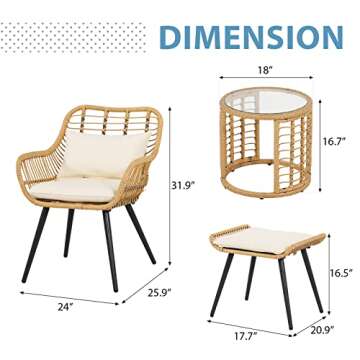 JOIVI 5 Piece Outdoor Wicker Furniture Set, Rattan Bistro All Weather Conversation Set with 2 Ottomans and Coffee Side Table, Patio Rattan Set for Balcony, Lawn, Garden, Backyard, Poolside, White