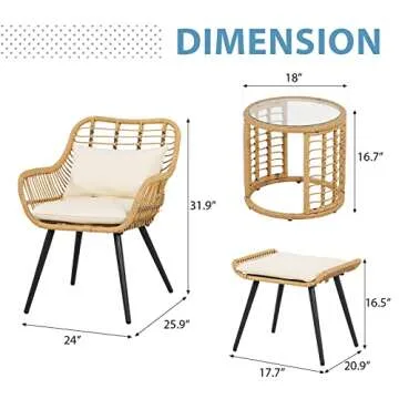 JOIVI 5 Piece Outdoor Wicker Furniture Set, Rattan Bistro All Weather Conversation Set with 2 Ottomans and Coffee Side Table, Patio Rattan Set for Balcony, Lawn, Garden, Backyard, Poolside, White