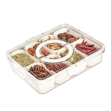 Divided Serving Tray with Lid and Handle, Snack Tray with Lid, Veggie Tray Fruit Tray, Snackle Box Charcuterie Container, Plastic Food Storage Organizer for Snack, Veggie, Candy, Nut, Picnic (1)