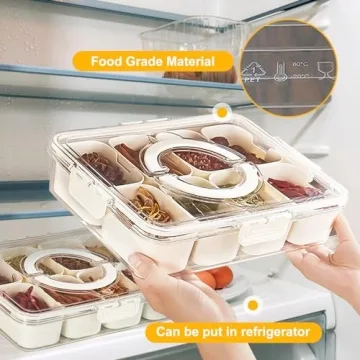 Divided Serving Tray with Lid and Handle, Snack Tray with Lid, Veggie Tray Fruit Tray, Snackle Box Charcuterie Container, Plastic Food Storage Organizer for Snack, Veggie, Candy, Nut, Picnic (1)