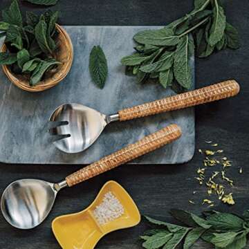 Now Designs Salad Servers 2-Piece | Matte Steel/Rattan