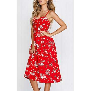 Angashion Women's Dresses-Summer Floral Bohemian Spaghetti Strap Button Down Swing Midi Dress