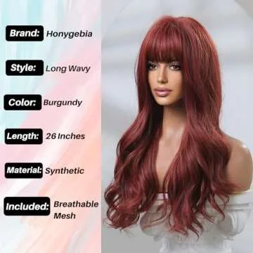 Honygebia Dark Red Wig with Bangs - Burgundy Wigs for Women, Wine Red Long Straight Layered Realistic Hair, Natural Synthetic Heat Resistant Wigs for Halloween/Christmas/Cosplay/Party