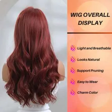 Honygebia Dark Red Wig with Bangs - Burgundy Wigs for Women, Wine Red Long Straight Layered Realistic Hair, Natural Synthetic Heat Resistant Wigs for Halloween/Christmas/Cosplay/Party