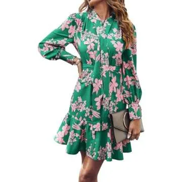 MakeMeChic Women's Floral Long Sleeve Tie Neck Button Front Ruffle Hem Short Dress with Belt Green M