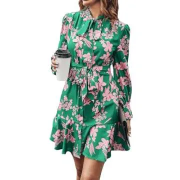 MakeMeChic Women's Floral Long Sleeve Tie Neck Button Front Ruffle Hem Short Dress with Belt Green M
