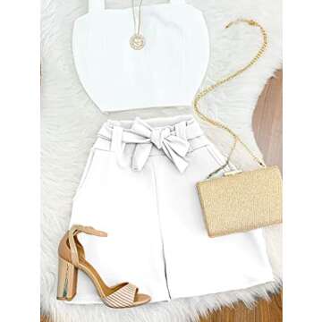 GOBLES Womens Summer Casual Shorts High Waist Ruffle Bow Tie Shorts White