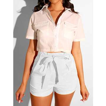 GOBLES Womens Summer Casual Shorts High Waist Ruffle Bow Tie Shorts White