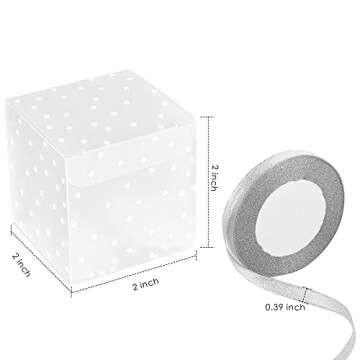 Ocmoiy 50Pcs Macaron Boxes for 2 Macarons, 2 x 2 x 2 Inches Clear Party Favor Boxes with Ribbons, Cube Mini Gift Candy Boxes (White Polka Dots)