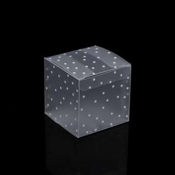 Ocmoiy 50Pcs Macaron Boxes for 2 Macarons, 2 x 2 x 2 Inches Clear Party Favor Boxes with Ribbons, Cube Mini Gift Candy Boxes (White Polka Dots)