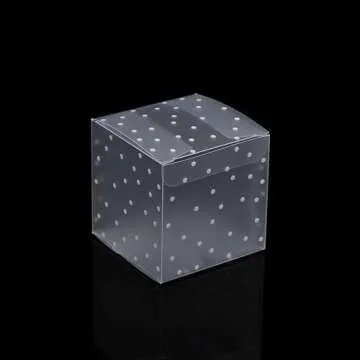 Ocmoiy 50Pcs Macaron Boxes for 2 Macarons, 2 x 2 x 2 Inches Clear Party Favor Boxes with Ribbons, Cube Mini Gift Candy Boxes (White Polka Dots)