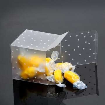 Ocmoiy 50Pcs Macaron Boxes for 2 Macarons, 2 x 2 x 2 Inches Clear Party Favor Boxes with Ribbons, Cube Mini Gift Candy Boxes (White Polka Dots)