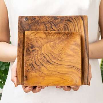 Rainforest Bowls Set of 4 Medium Square Javanese Teak Wood Plates- 8"x8"- Perfect for Everyday Use- Hot & Cold Friendly, Ultra-Durable, Luxury Custom Wooden Plates- Handcrafted by Indonesian Artisans