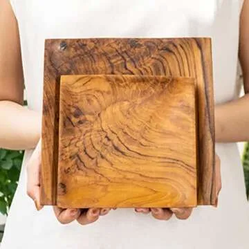 Rainforest Bowls Set of 4 Medium Square Javanese Teak Wood Plates- 8"x8"- Perfect for Everyday Use- Hot & Cold Friendly, Ultra-Durable, Luxury Custom Wooden Plates- Handcrafted by Indonesian Artisans