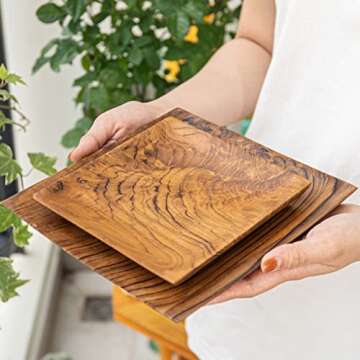 Rainforest Bowls Set of 4 Medium Square Javanese Teak Wood Plates- 8"x8"- Perfect for Everyday Use- Hot & Cold Friendly, Ultra-Durable, Luxury Custom Wooden Plates- Handcrafted by Indonesian Artisans