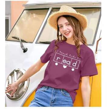 Teacher Shirts Women Reading Book Shirt Love Heart Graphic Tees Cute Teacher Gifts Summer Casual Short Sleeve Tee Tops Purple