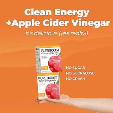 Pureboost Superfoods Clean Energy Booster with Apple Cider Vinegar. Refreshing Energy Drink Mix with 1,000 mg of ACV with The Mother. Sugar-Free, No Sucralose (Cider Crush, 30 Count)