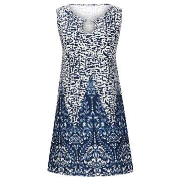 Women Summer Short Mini Dress Floral Printed Sleeveless Tank Dress Keyhole Casual Loose Tshirt Dress Beach Sundress Dark Blue