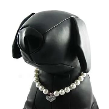 Alfie Pet - Pinky Crystal Heart Pearl Necklace - Size: M (10"- 12") for Dogs and Cats