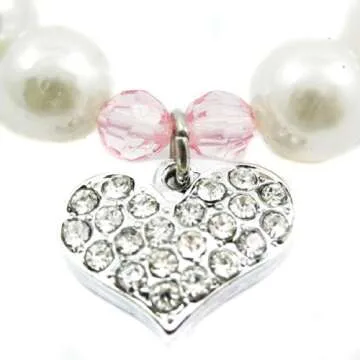 Alfie Pet - Pinky Crystal Heart Pearl Necklace - Size: M (10"- 12") for Dogs and Cats