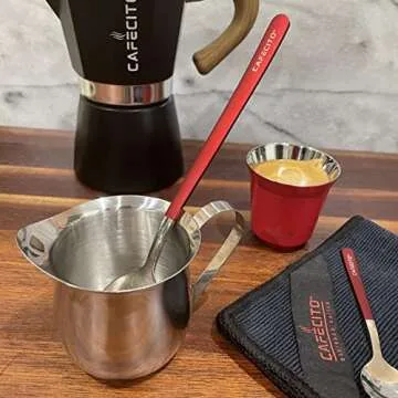 CAFECITO Espresso Creamer Pitcher and Red Spoon Set - Perfect for Cuban Coffee