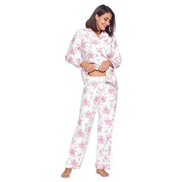 Casual Nights Women's Flannel Long Sleeve Button Down Pajama Set, White Pink Flower, XXL