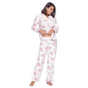 Casual Nights Women's Flannel Long Sleeve Button Down Pajama Set, White Pink Flower, XXL