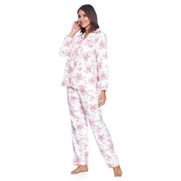 Casual Nights Women's Flannel Long Sleeve Button Down Pajama Set, White Pink Flower, XXL