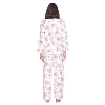 Casual Nights Women's Flannel Long Sleeve Button Down Pajama Set, White Pink Flower, XXL