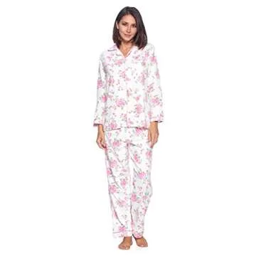 Casual Nights Women's Flannel Long Sleeve Button Down Pajama Set, White Pink Flower, XXL