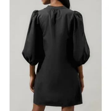 EZAPINE Women Babydoll Mini Dress Summer Casual Cotton V Neck Puff Lantern Sleeve Loose A Line Cute Dress Black XL