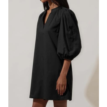 EZAPINE Women Babydoll Mini Dress Summer Casual Cotton V Neck Puff Lantern Sleeve Loose A Line Cute Dress Black XL