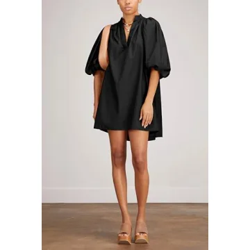 EZAPINE Women Babydoll Mini Dress Summer Casual Cotton V Neck Puff Lantern Sleeve Loose A Line Cute Dress Black XL