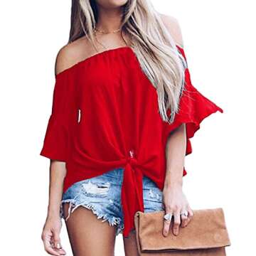 LuckyMore Off The Shoulder Tops Women Summer 3/4 Bell Sleeve Tie Knot Boho Shirt Blouses