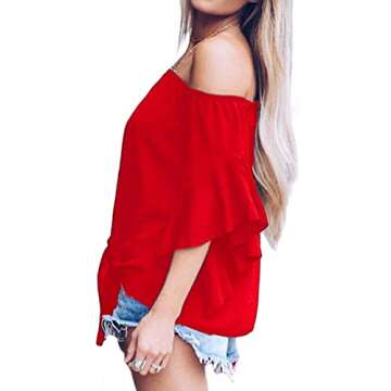LuckyMore Off The Shoulder Tops Women Summer 3/4 Bell Sleeve Tie Knot Boho Shirt Blouses