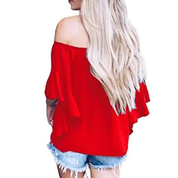 LuckyMore Off The Shoulder Tops Women Summer 3/4 Bell Sleeve Tie Knot Boho Shirt Blouses