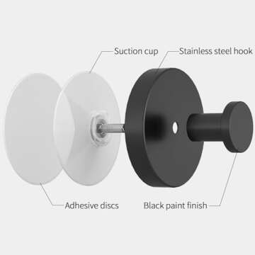 STWWO Suction Cup Hooks for Shower, Bathroom, Hanging Towels, Robe, Loofah, Mounting on Glass Shower Doors, Tile, Mirrors, Matte Black, 2 Pack