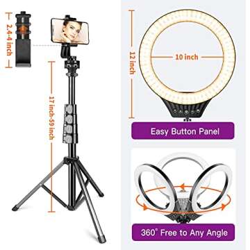 10" Ring Light with Tripod Stand and Phone Holder RGB Selfie Ring Light with 59" Stand & Desk Phone Tripod Stand,8 Dimming Levels,17 Color LED Ring Lights for Phone,Live Stream,Make Up,YouTube,TikTok